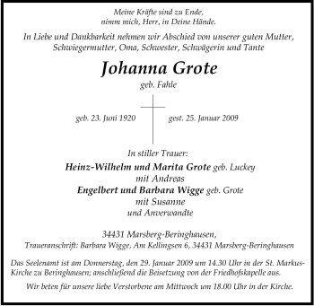 Traueranzeige von Johanna Grote von Tageszeitung