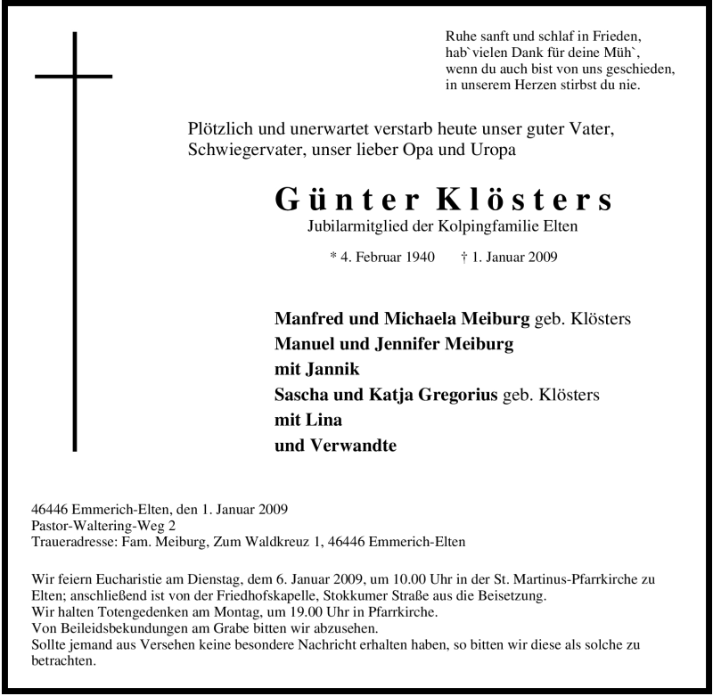  Traueranzeige für Günter Klösters vom 02.01.2009 aus Tageszeitung