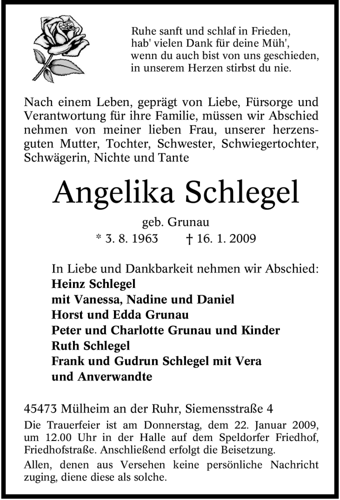  Traueranzeige für Angelika Schlegel vom 20.01.2009 aus Tageszeitung