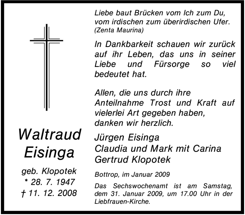  Traueranzeige für Waltraud Eisinga vom 29.01.2009 aus Tageszeitung