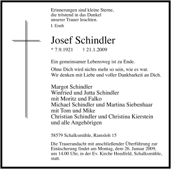 Traueranzeige von Josef Schindler von Tageszeitung