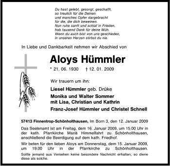 Traueranzeige von Aloys Hümmler von Tageszeitung