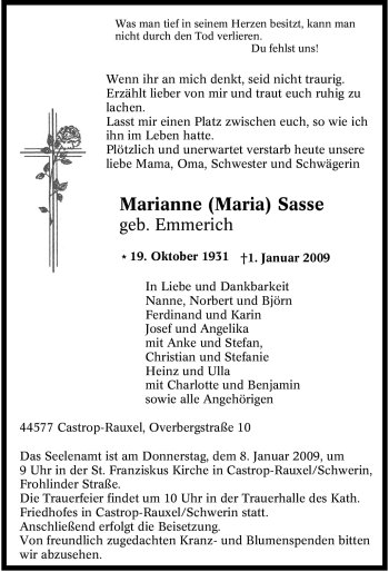 Traueranzeige von Marianne (Maria) Sasse von Tageszeitung