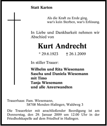Traueranzeige von Kurt Andrecht von Tageszeitung