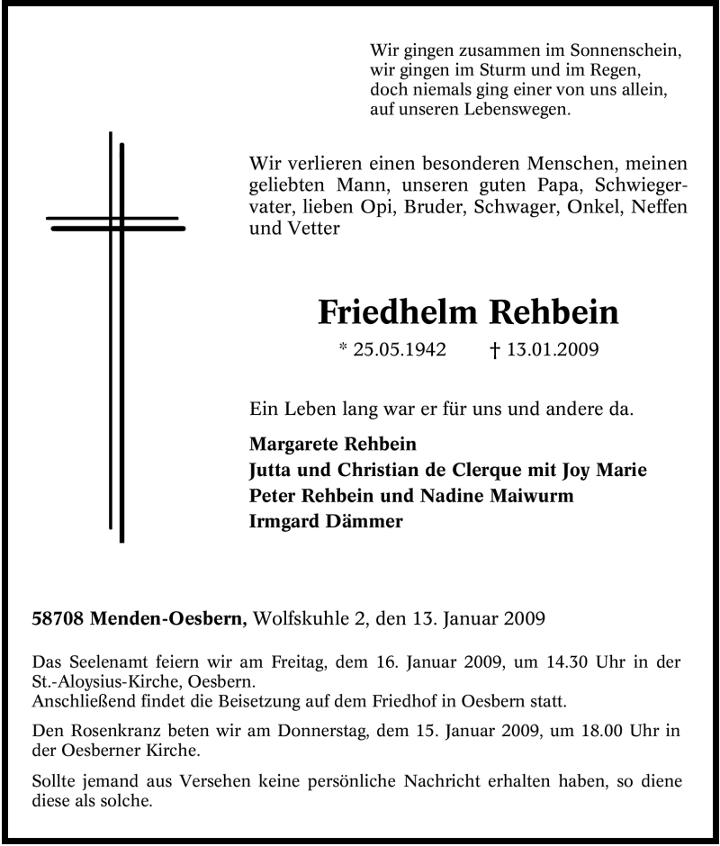  Traueranzeige für Friedhelm Rehbein vom 14.01.2009 aus Tageszeitung