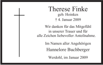 Traueranzeige von Therese Finke von Tageszeitung