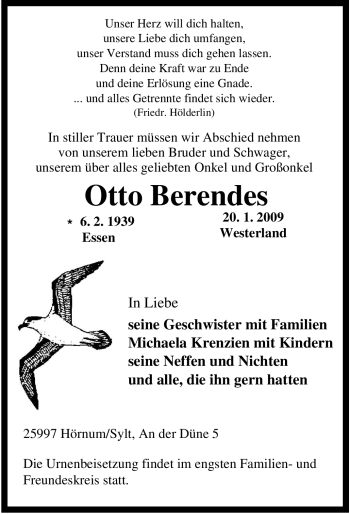 Traueranzeige von Otto Berendes von Tageszeitung