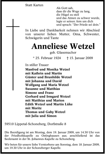 Traueranzeige von Anneliese Wetzel von Tageszeitung