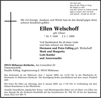 Traueranzeige von Ellen Welschoff von Tageszeitung