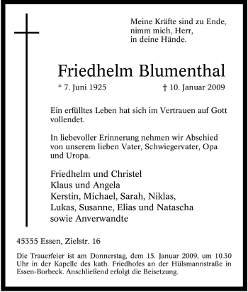 Traueranzeige von Friedhelm Blumenthal von Tageszeitung