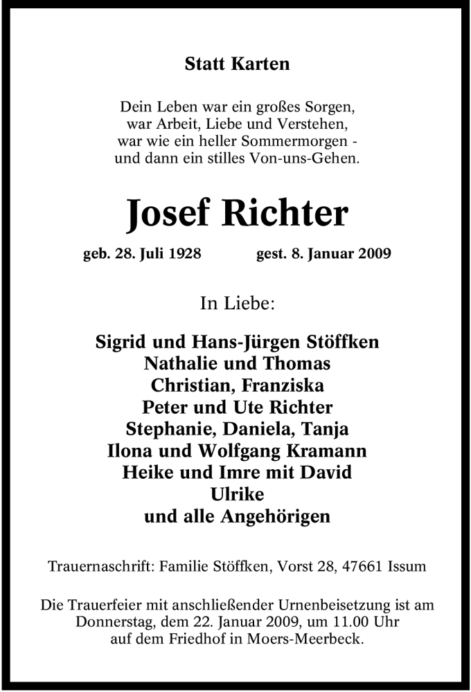  Traueranzeige für Josef Richter vom 20.01.2009 aus Tageszeitung