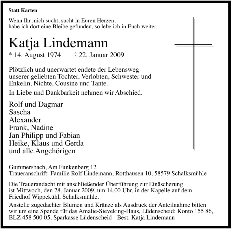  Traueranzeige für Katja Lindemann vom 26.01.2009 aus Tageszeitung