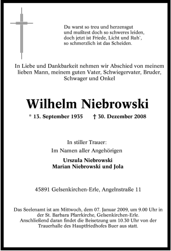 Traueranzeige von Wilhelm Niebrowski von Tageszeitung