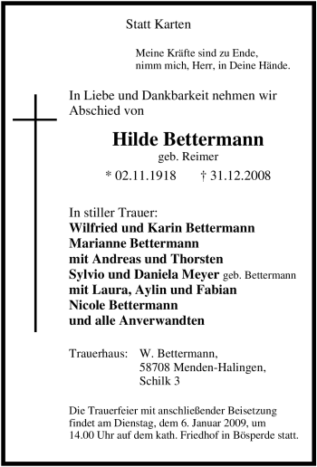 Traueranzeige von Hilde Bettermann von Tageszeitung