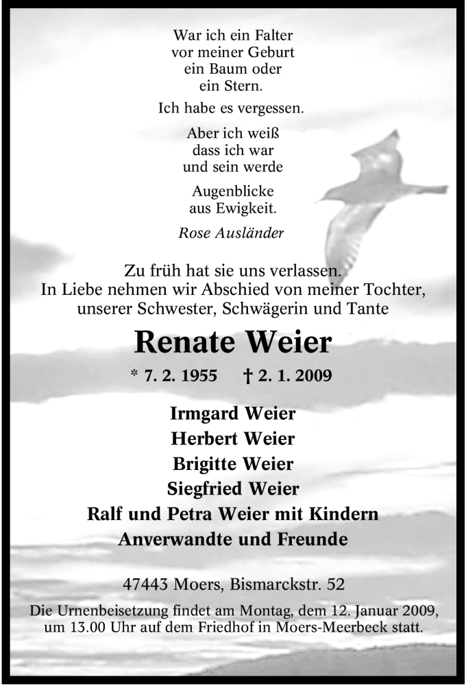  Traueranzeige für Renate Weier vom 08.01.2009 aus WESTDEUTSCHE ALLGEMEINE ZEITUNG