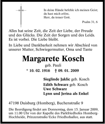 Traueranzeige von Margarete Kosch von Tageszeitung