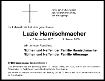 Traueranzeige von Luzie Harnischmacher von Tageszeitung