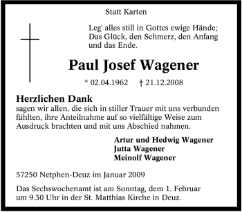 Traueranzeige von Paul Josef Wagener von Tageszeitung