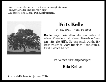 Traueranzeige von Fritz Keller von Tageszeitung