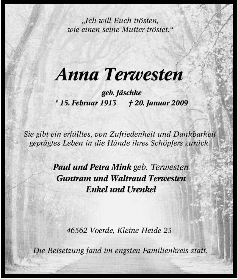  Traueranzeige für Anna Terwesten vom 24.01.2009 aus Tageszeitung