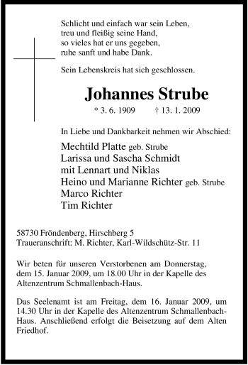 Traueranzeige von Johannes Strube von Tageszeitung