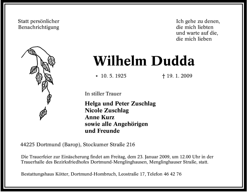  Traueranzeige für Wilhelm Dudda vom 21.01.2009 aus Tageszeitung