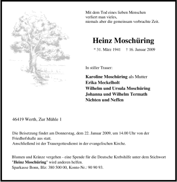 Traueranzeige von Heinz Moschüring von Tageszeitung