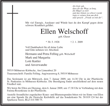 Traueranzeige von Ellen Welschoff von Tageszeitung