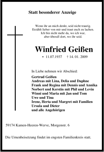 Traueranzeige von Winfried Geißen von Tageszeitung