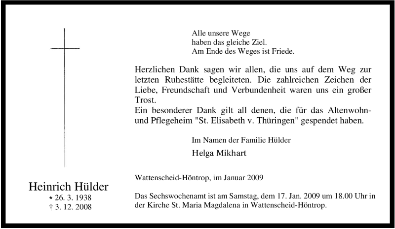  Traueranzeige für Heinrich Hülder vom 10.01.2009 aus Tageszeitung