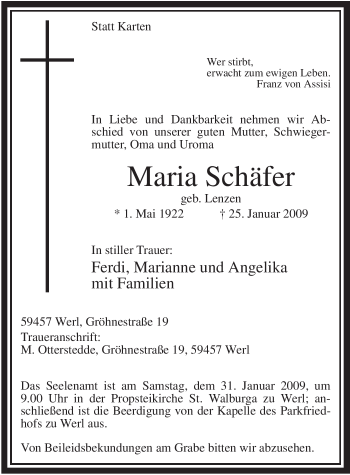 Traueranzeige von Maria Schäfer von Tageszeitung