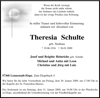Traueranzeige von Theresia Schulte von Tageszeitung