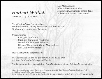 Traueranzeige von Herbert Willich von Tageszeitung