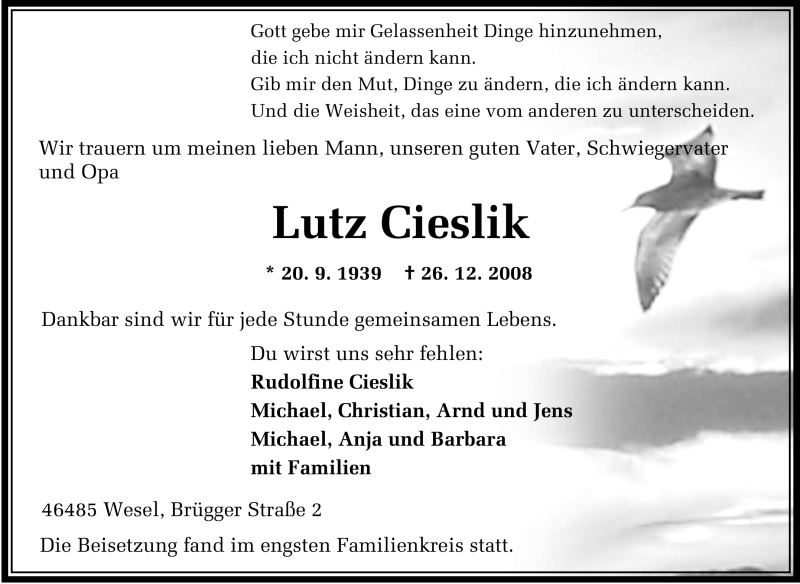 Traueranzeigen von Lutz Cieslik TrauerinNRW.de