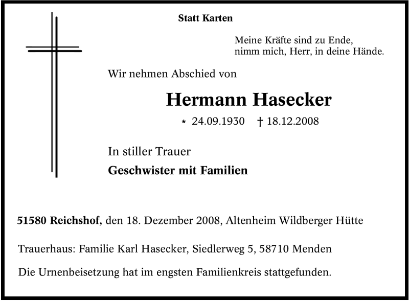  Traueranzeige für Hermann Hasecker vom 09.01.2009 aus Tageszeitung