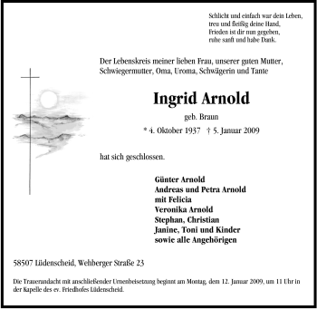 Traueranzeige von Ingrid Arnold von Tageszeitung