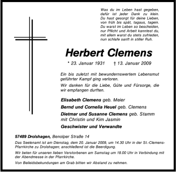 Traueranzeige von Herbert Clemens von Tageszeitung