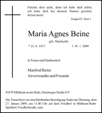 Traueranzeige von Maria Agnes Beine von Tageszeitung