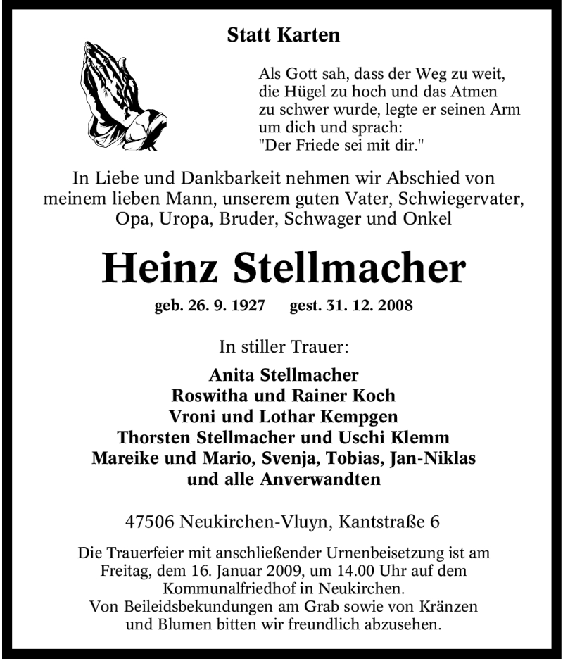  Traueranzeige für Heinz Stellmacher vom 14.01.2009 aus Tageszeitung