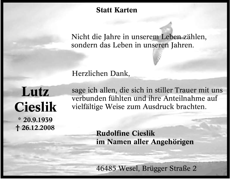 Traueranzeigen von Lutz Cieslik TrauerinNRW.de