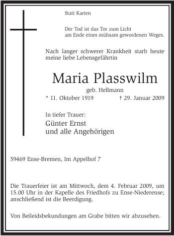 Traueranzeige von Maria Plasswilm von Tageszeitung