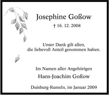Traueranzeige von Josephine Goßow von Tageszeitung
