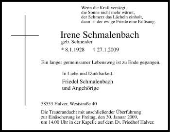 Traueranzeige von Irene Schmalenbach von Tageszeitung