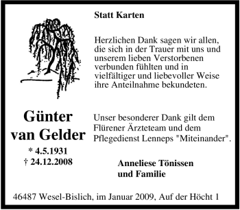 Traueranzeige von Günter van Gelder von Tageszeitung