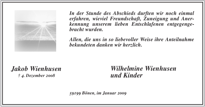  Traueranzeige für Jakob Wienhusen vom 17.01.2009 aus Tageszeitung