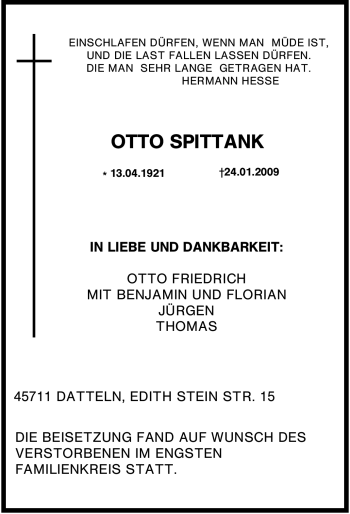 Traueranzeige von Otto Spittank von Tageszeitung