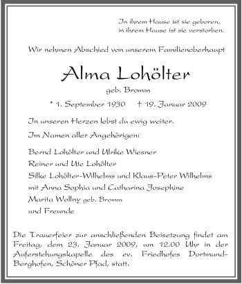 Traueranzeige von Alma Lohölter von Tageszeitung