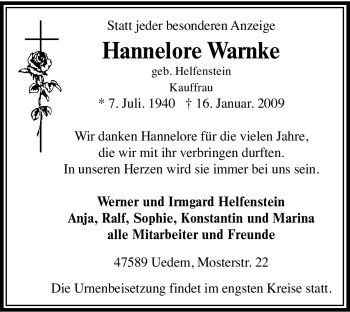Traueranzeige von Hannelore Warnke von Tageszeitung