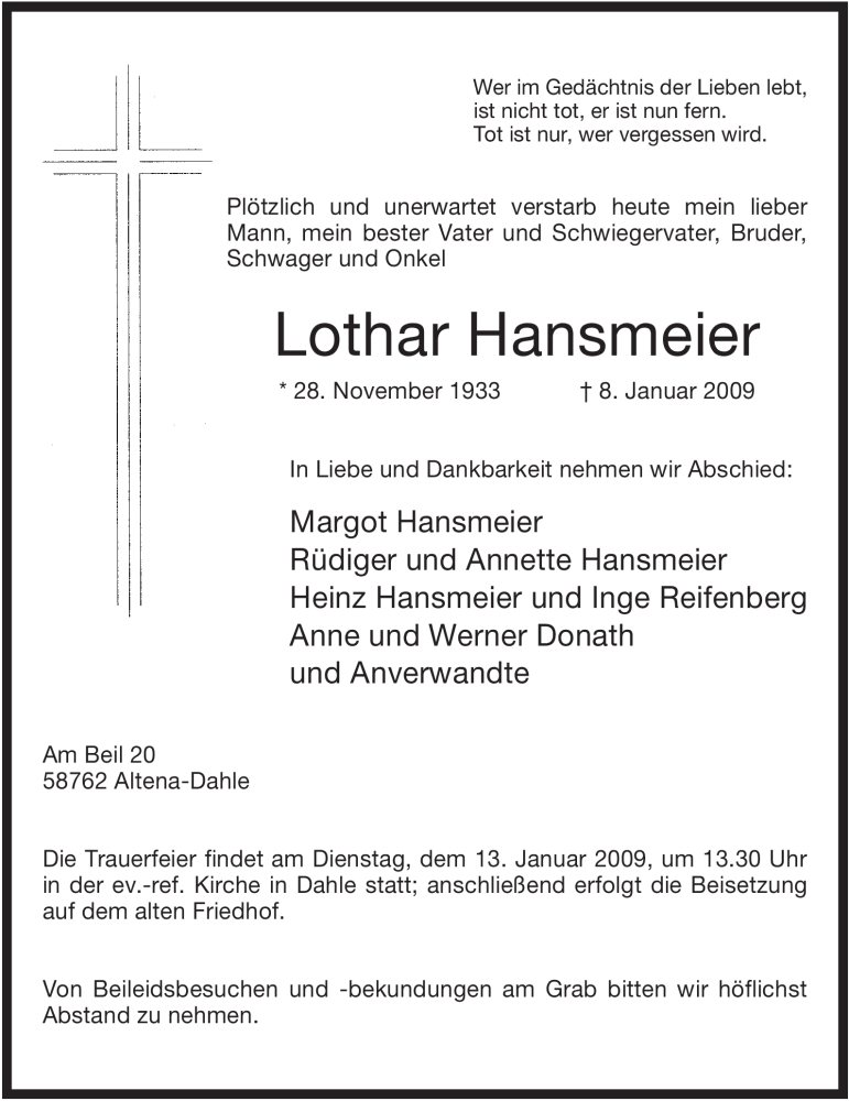  Traueranzeige für Lothar Hansmeier vom 09.01.2009 aus Tageszeitung