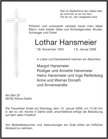 Traueranzeige von Lothar Hansmeier von Tageszeitung